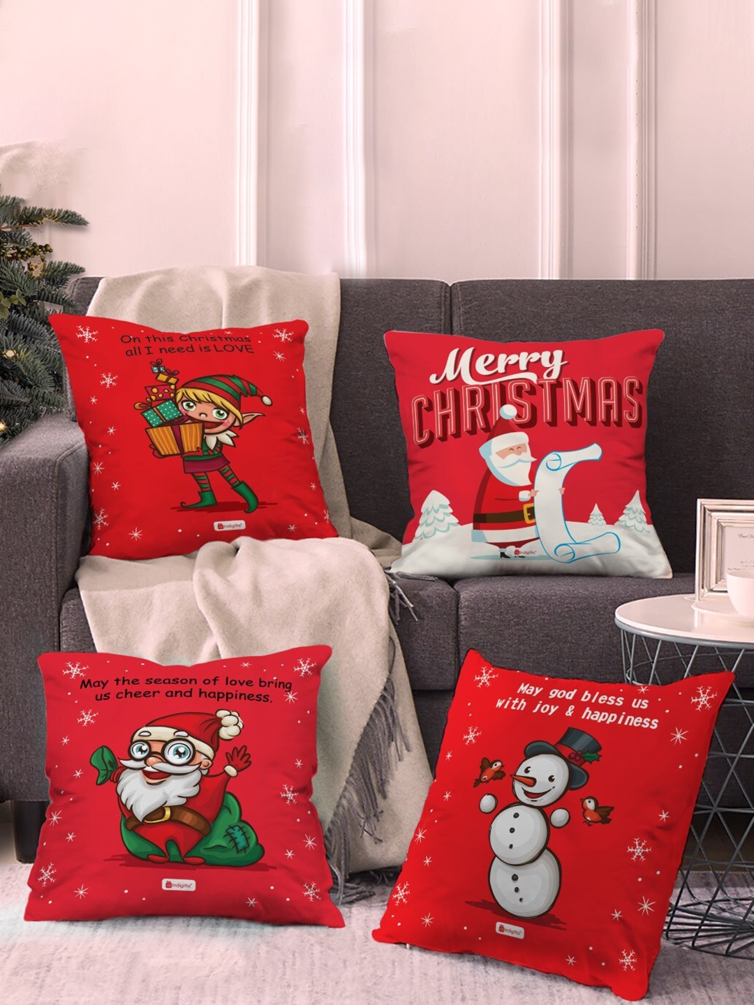 

Indigifts Red & White 4 Pieces Cartoon Characters Square Cushion Covers