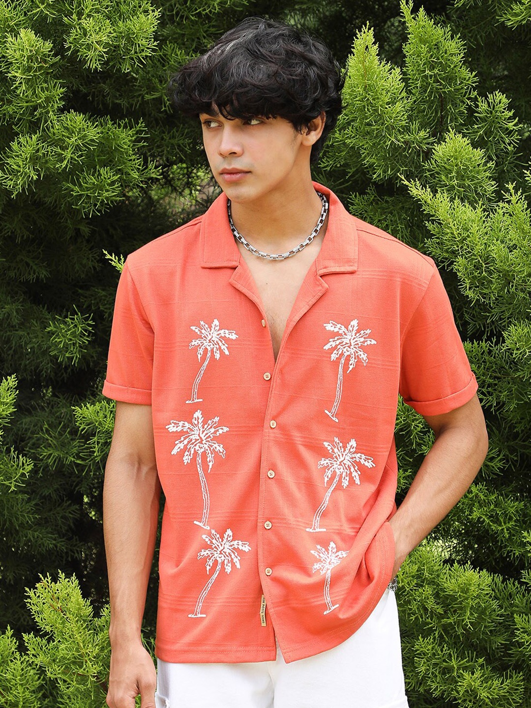 

Campus Sutra Palm Tree Knit Shirt, Orange