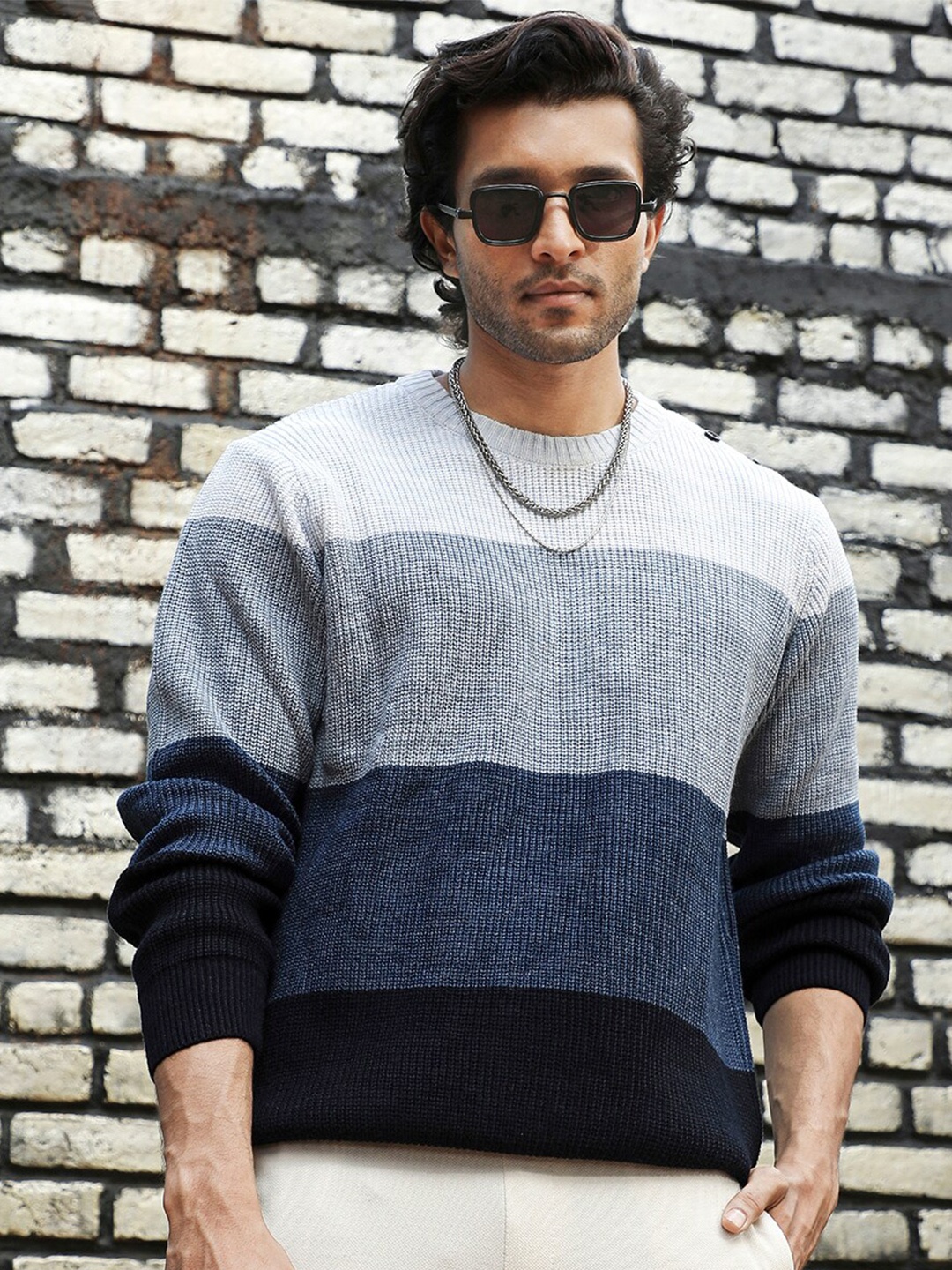 

Campus Sutra Blue Colourblocked Round Neck Cotton Pullover