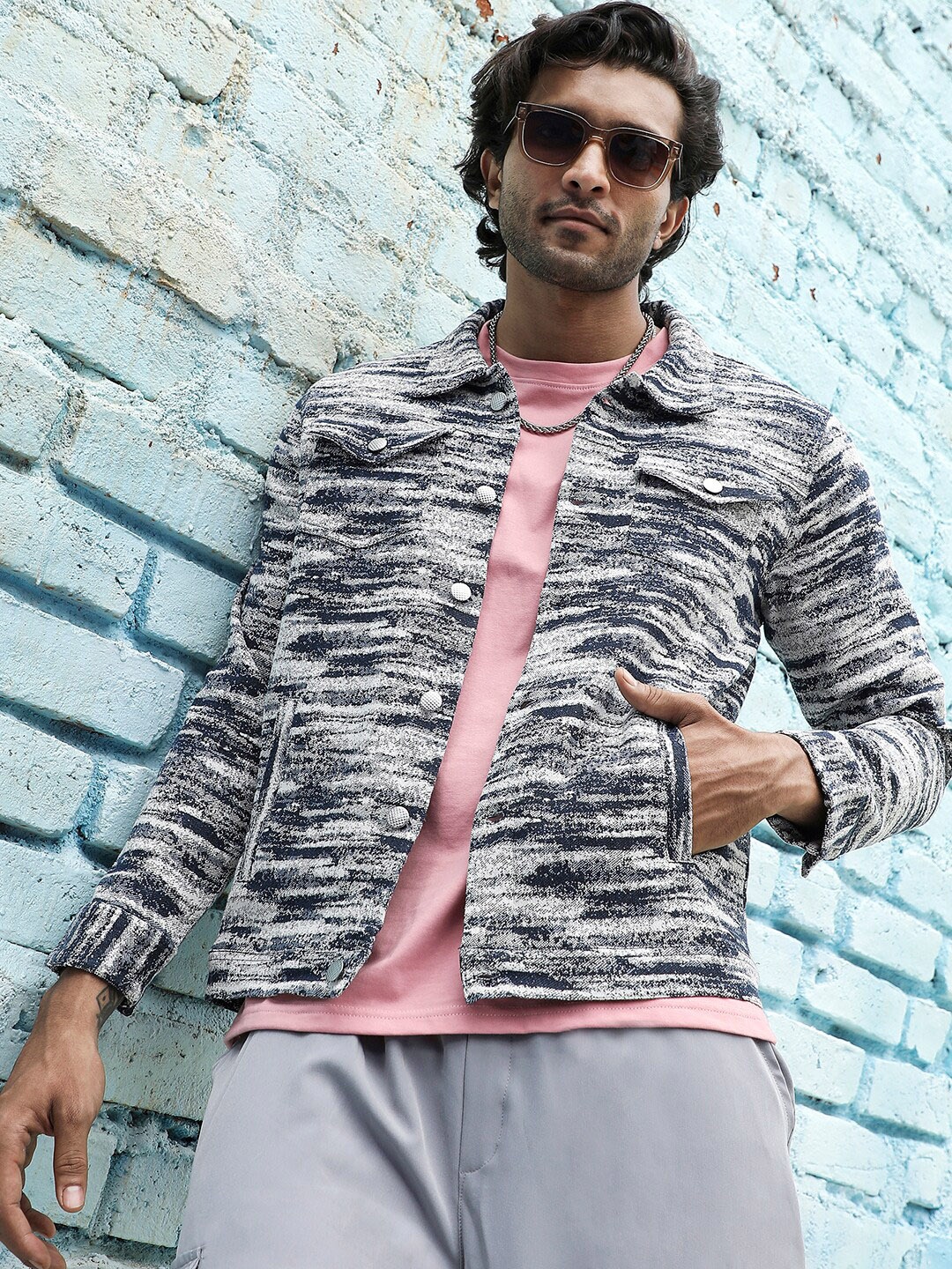 

Campus Sutra Grey Abstract Printed Windcheater Fleece Denim Jacket