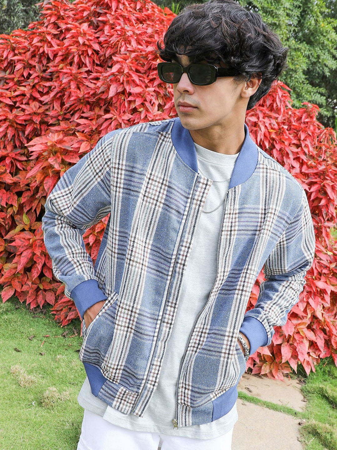 

Campus Sutra Tartan Checked Windcheater Bomber Jacket, Blue