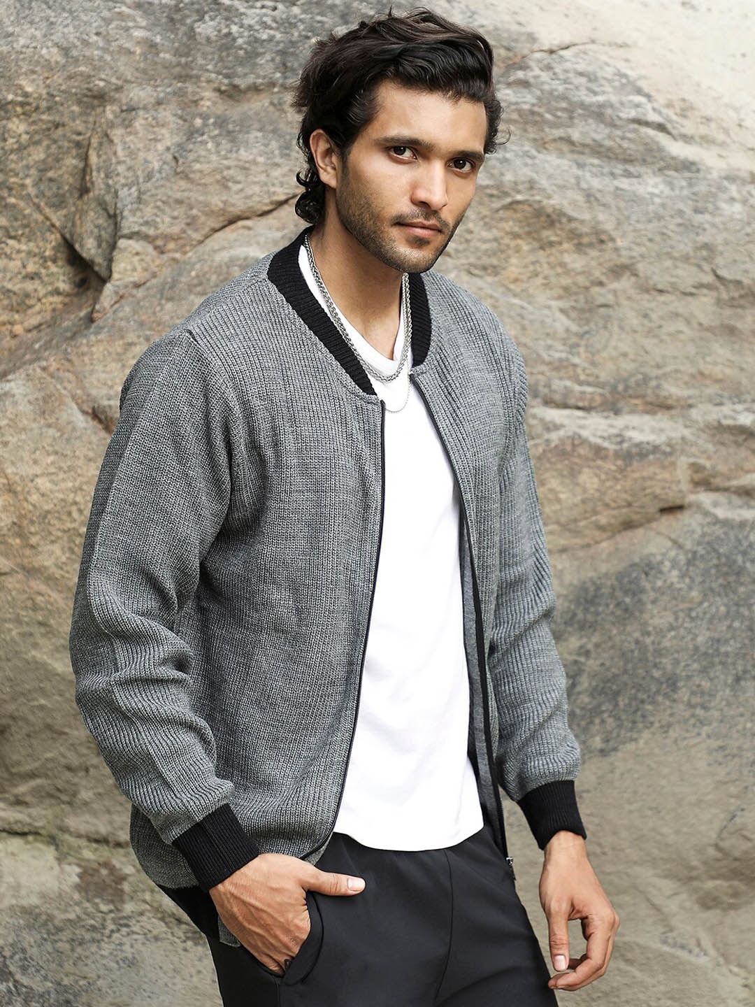 

Campus Sutra Cotton Mandarin Collar Windcheater Bomber Jacket, Grey