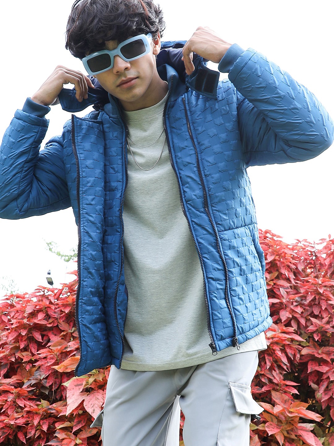 

Campus Sutra Self Designed Hooded Windcheater Bomber Jacket, Blue