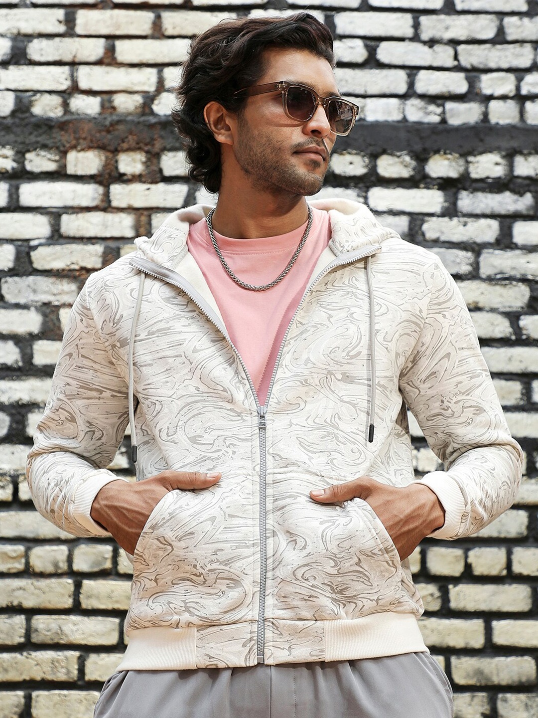 

Campus Sutra Printed Hooded Cotton Front-Open Sweatshirt, Grey