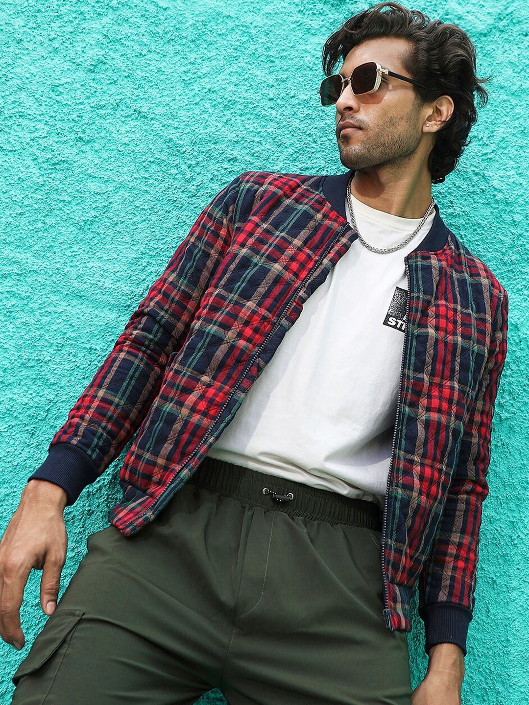 

Campus Sutra Tartan Checked Windcheater Bomber Jacket, Red
