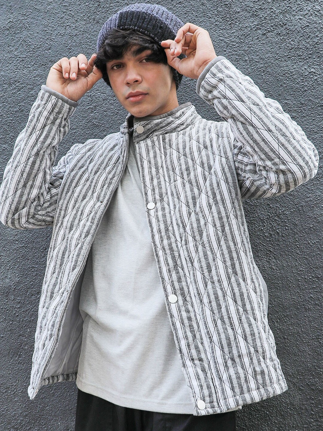 

Campus Sutra Grey Striped Windcheater Quilted Jacket