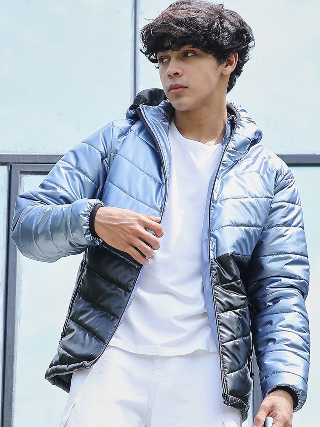 

Campus Sutra Blue & Black Colourblocked Windcheater Hooded Puffer Jacket