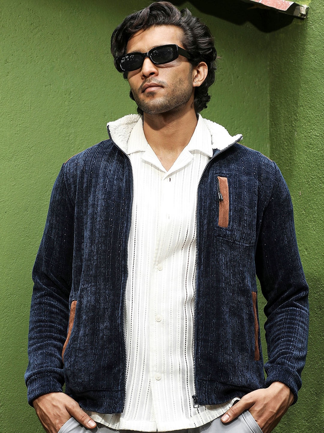 

Campus Sutra Mock Collar Windcheater Cotton Open Front Jacket, Blue