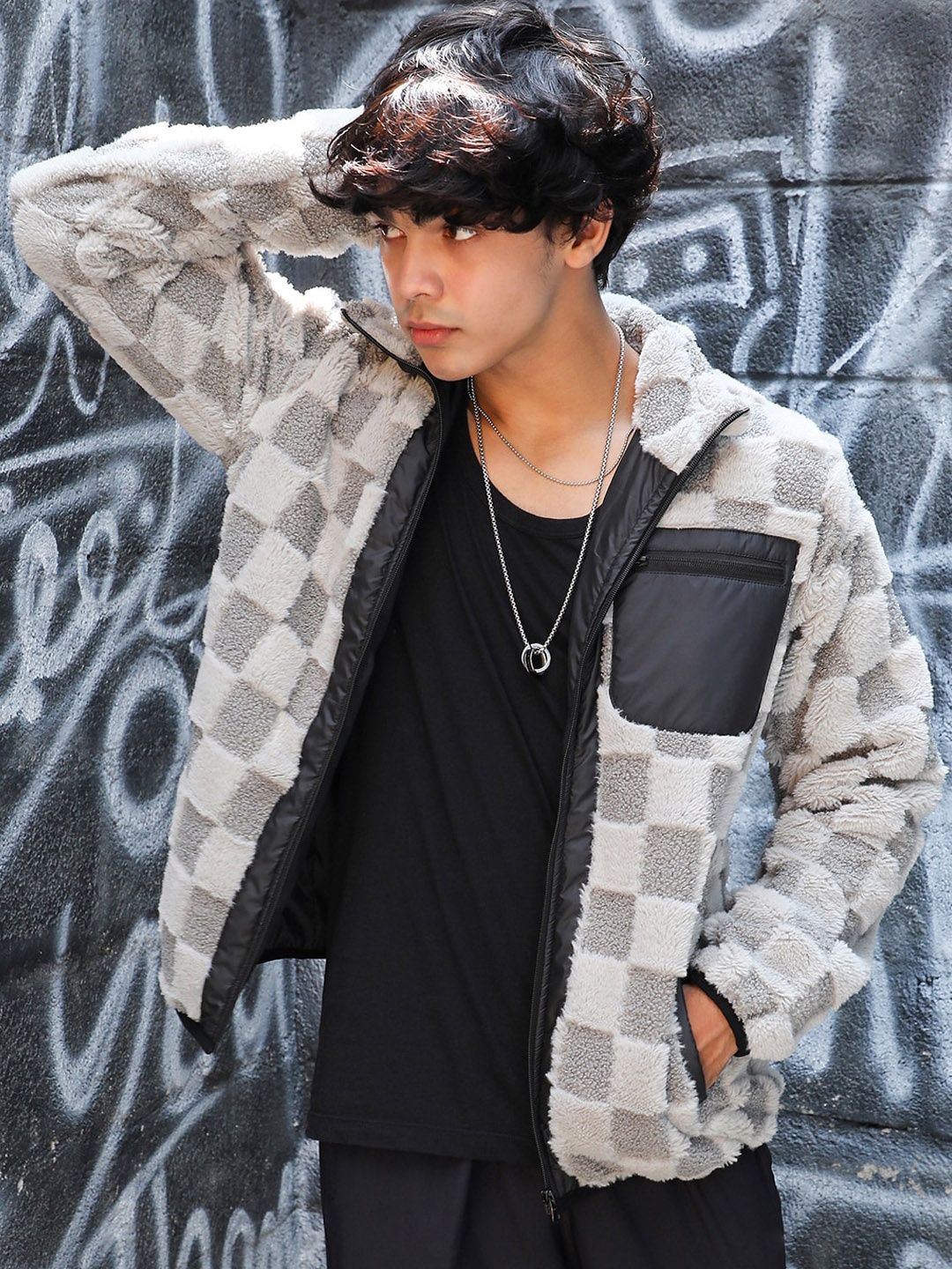 

Campus Sutra Grey Checked Windcheater Bomber Jacket