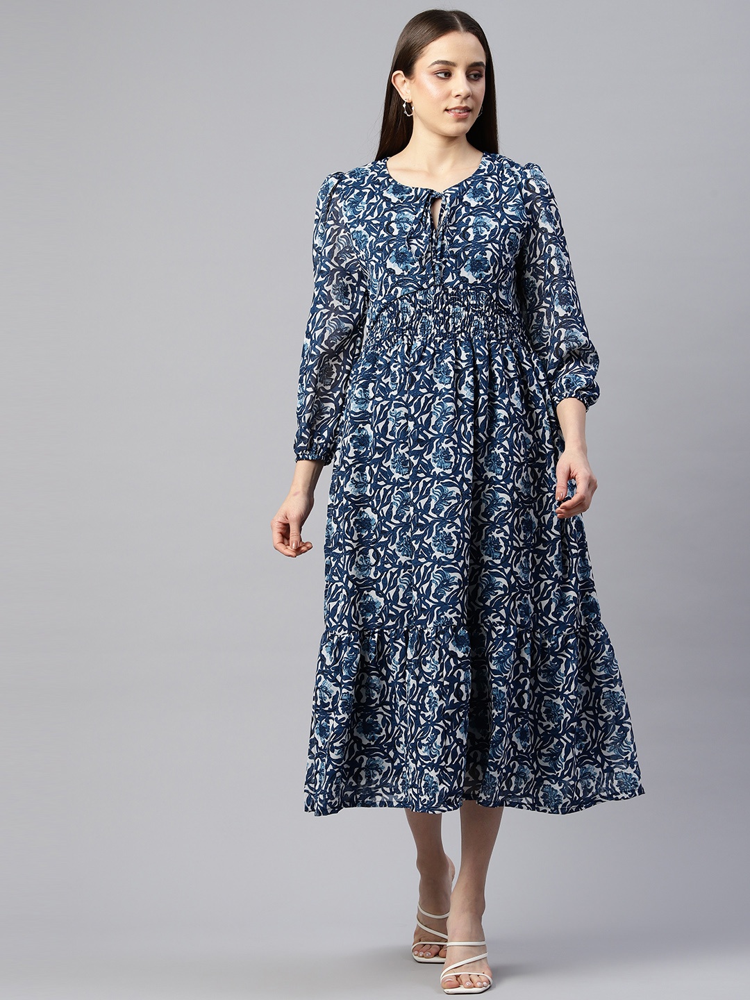 

Ives Floral Print Tie-Up Neck Puff Sleeve Georgette Fit & Flare Midi Dress, Blue
