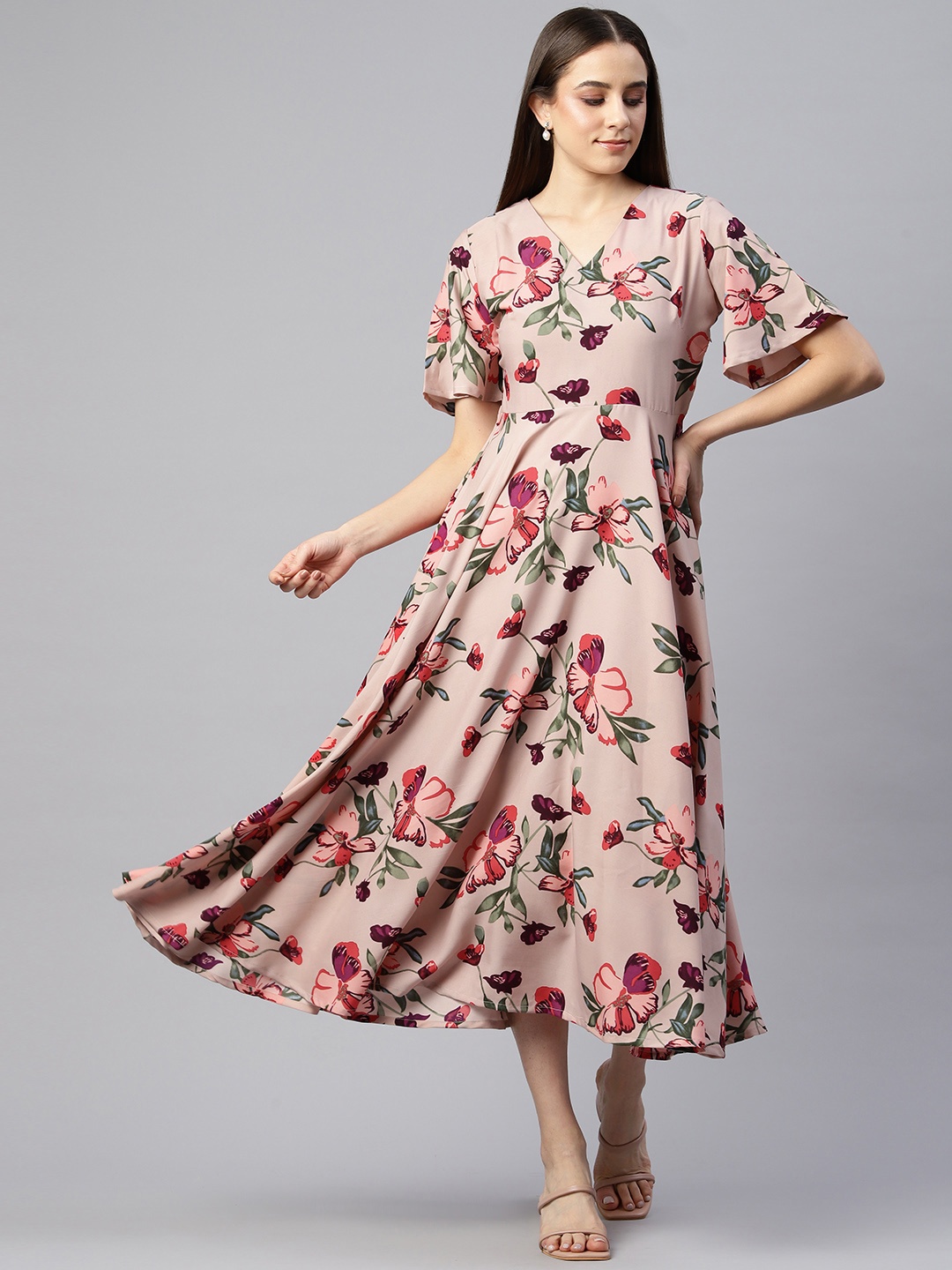 

Ives Floral Print Flared Sleeve Crepe Fit & Flare Midi Dress, Beige