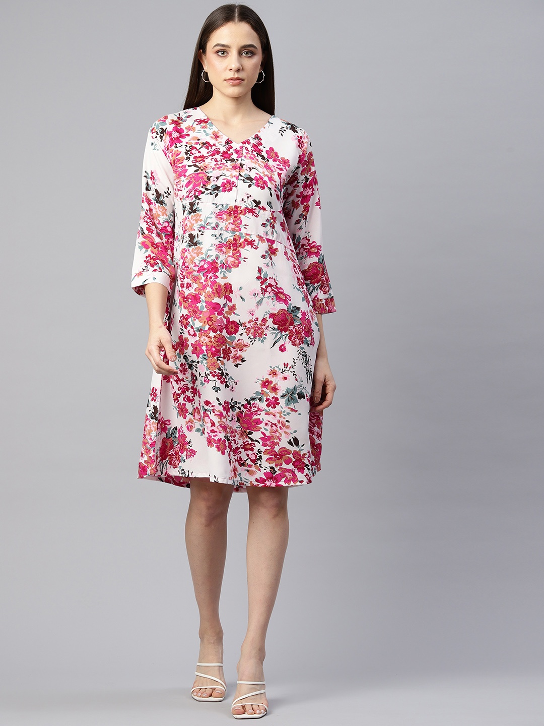 

Ives Floral Print Crepe A-Line Dress, White