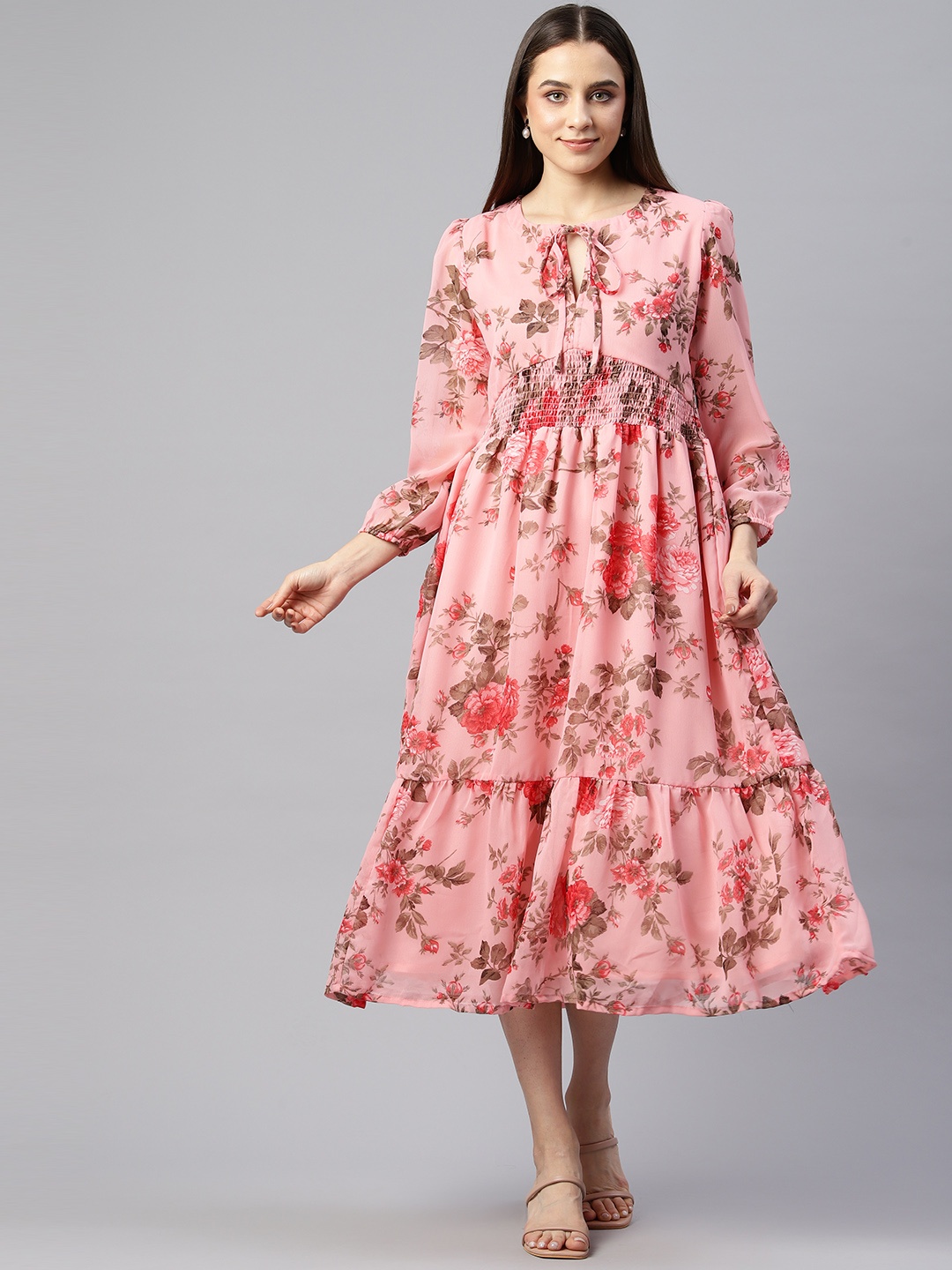 

Ives Floral Print Tie-Up Neck Puff Sleeve Georgette Fit & Flare Midi Dress, Peach