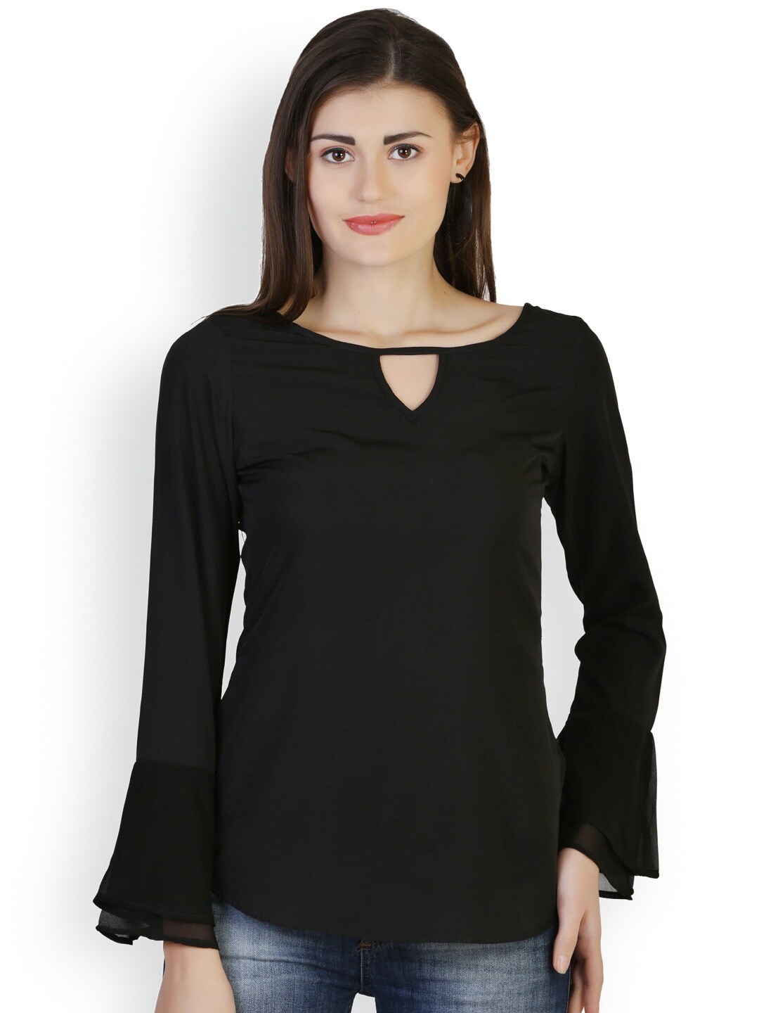 

BAESD Keyhole Neck Bell Sleeves Crepe Top, Black