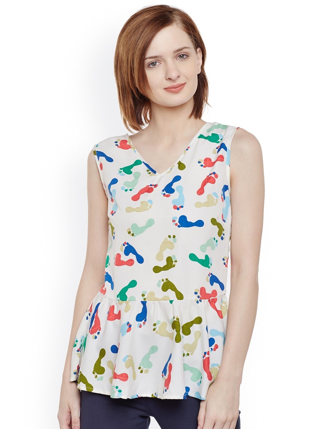 

BAESD Conversational Printed V-Neck Regular Top, White