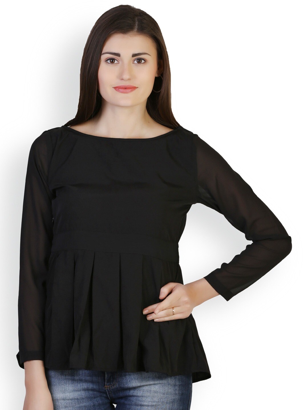 

BAESD Boat Neck Crepe Pleated Styled Back Top, Black