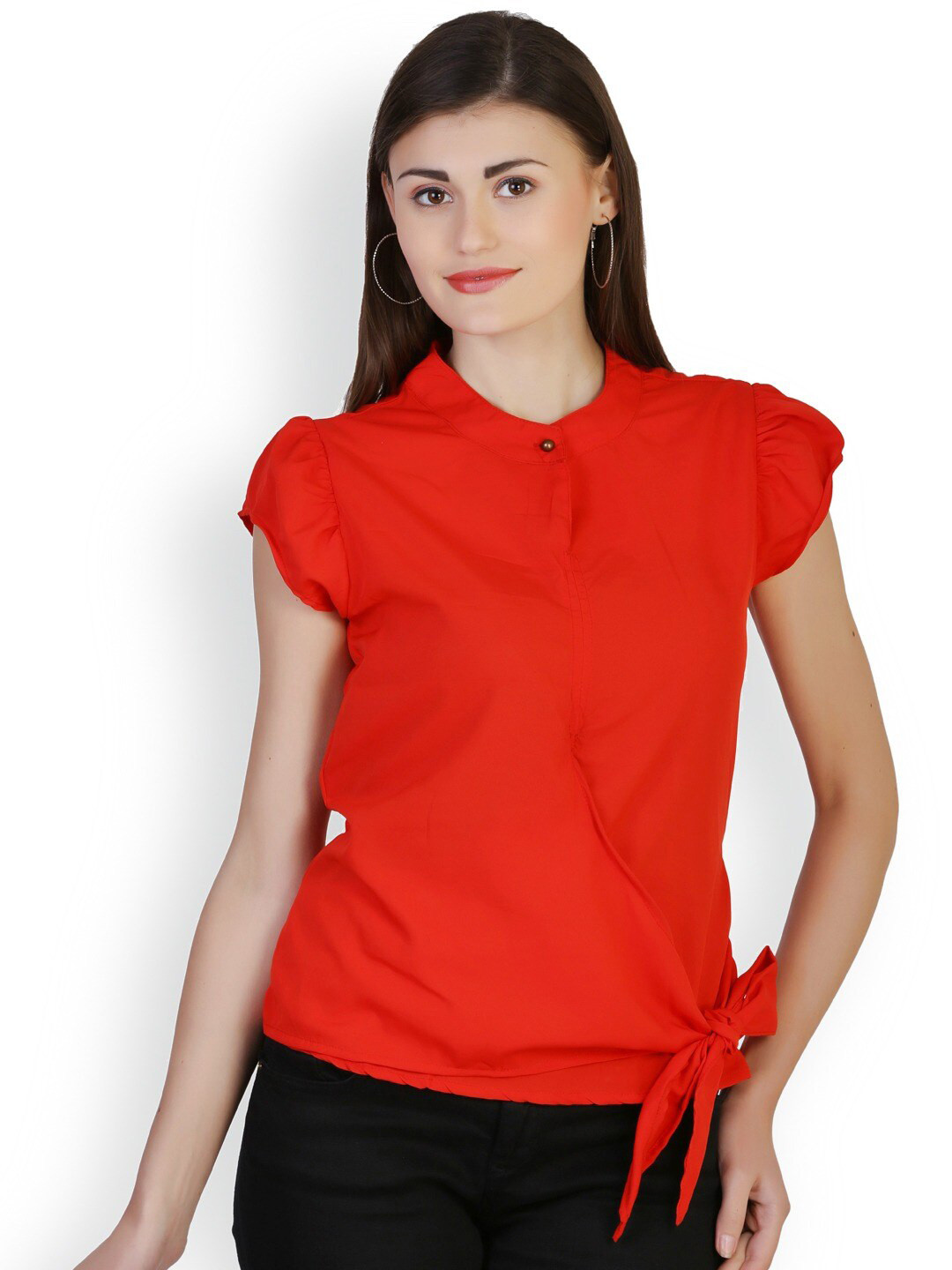 

BAESD Mandarin Collar Puff Sleeves Waist Tie-Ups Regular Top, Red