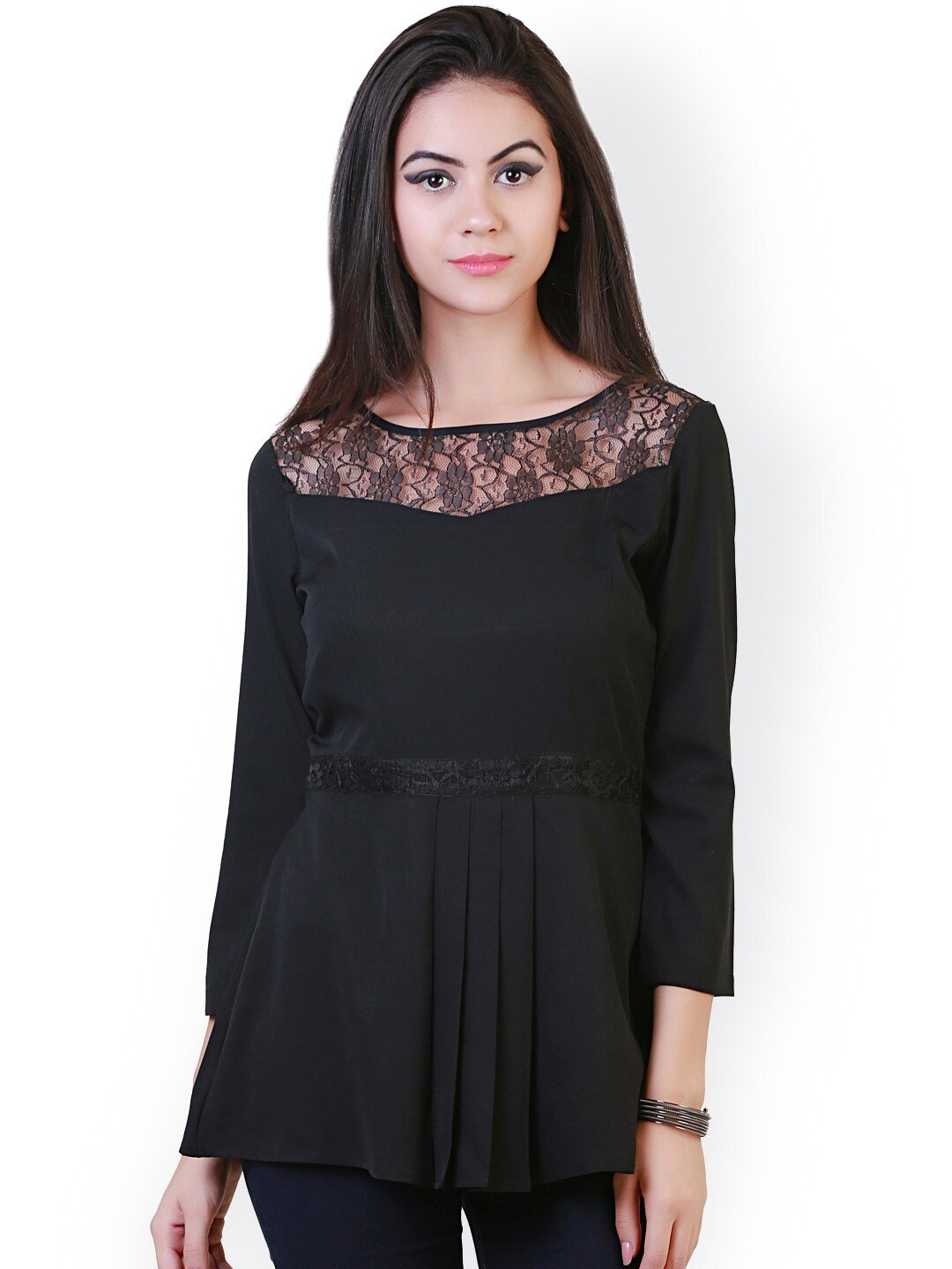 

BAESD Lace-Insert Pleated Round Neck Cotton Longline Regular Top, Black