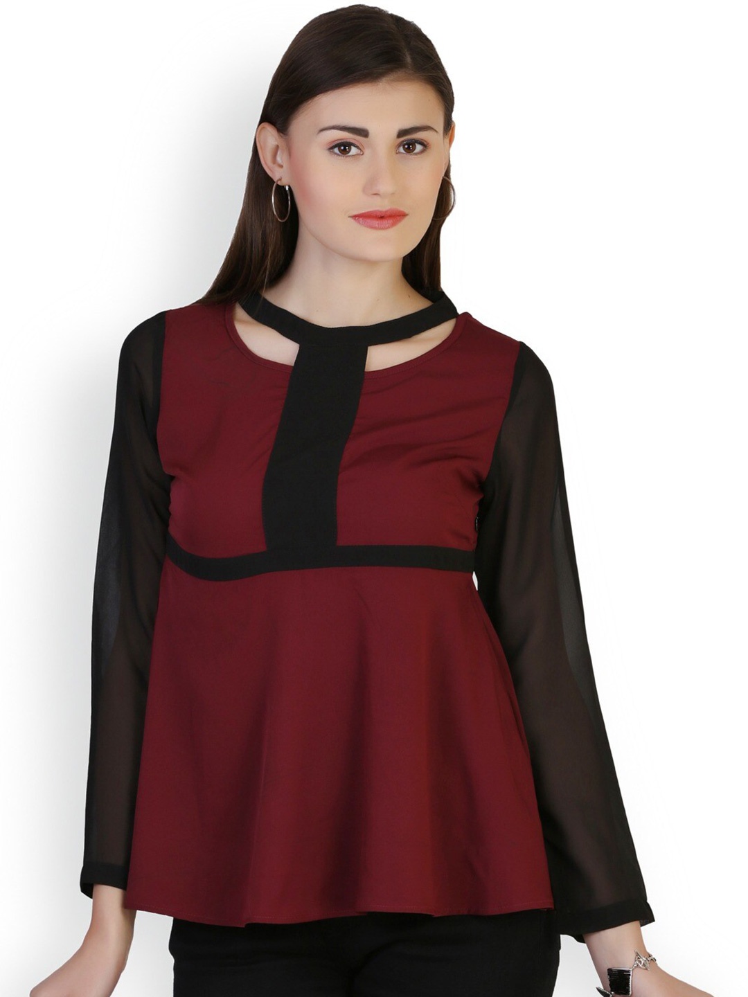 

BAESD Round Neck Long Sleeves A-Line Top, Maroon