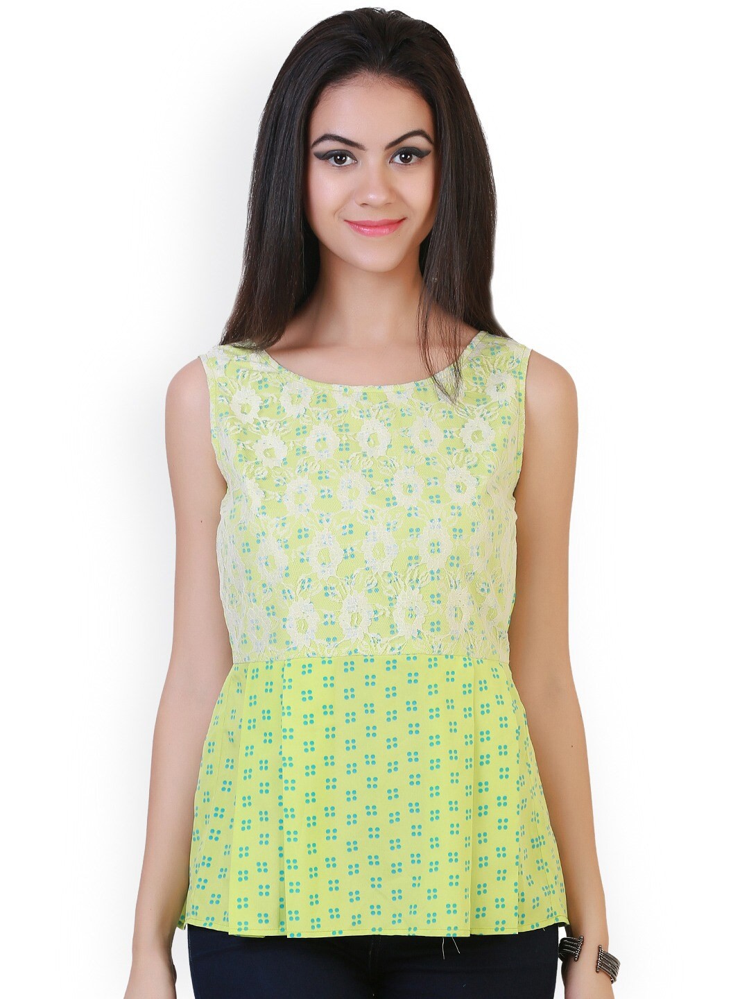

BAESD Geometric Printed Round Neck Sleeveless Lace Inserts Regular Top, Lime green
