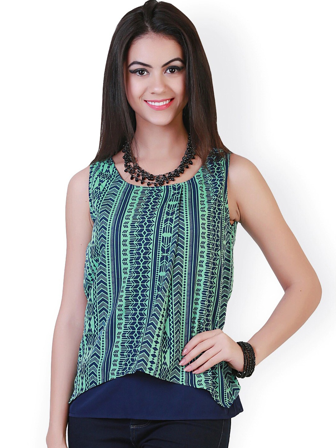 

BAESD Geometric Printed Layered Georgette Regular Top, Navy blue