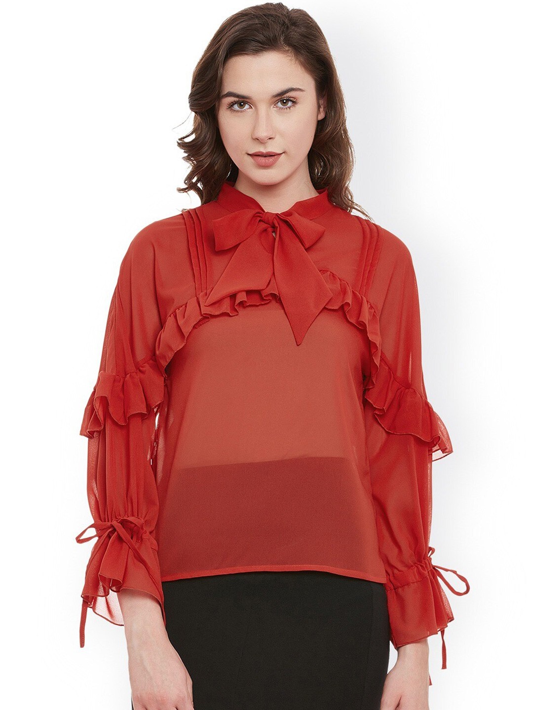 

BAESD Tie-Up Neck Ruffles Georgette Top, Red