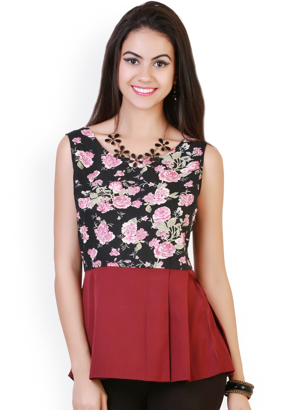 

BAESD Floral Printed Peplum Georgette Top, Black