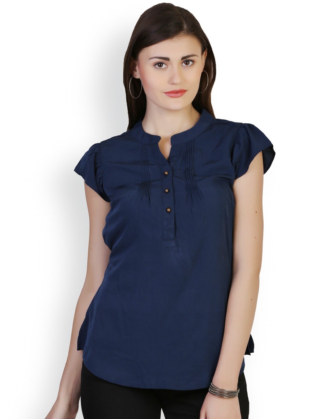 

BAESD Mandarin Collar Cap Sleeve Pleated Top, Blue