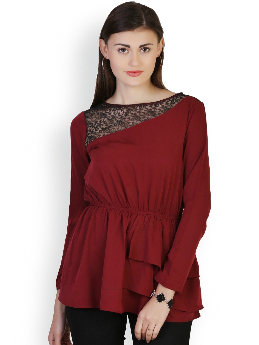 

BAESD Round Neck Lace Insert Cinched Waist Top, Maroon