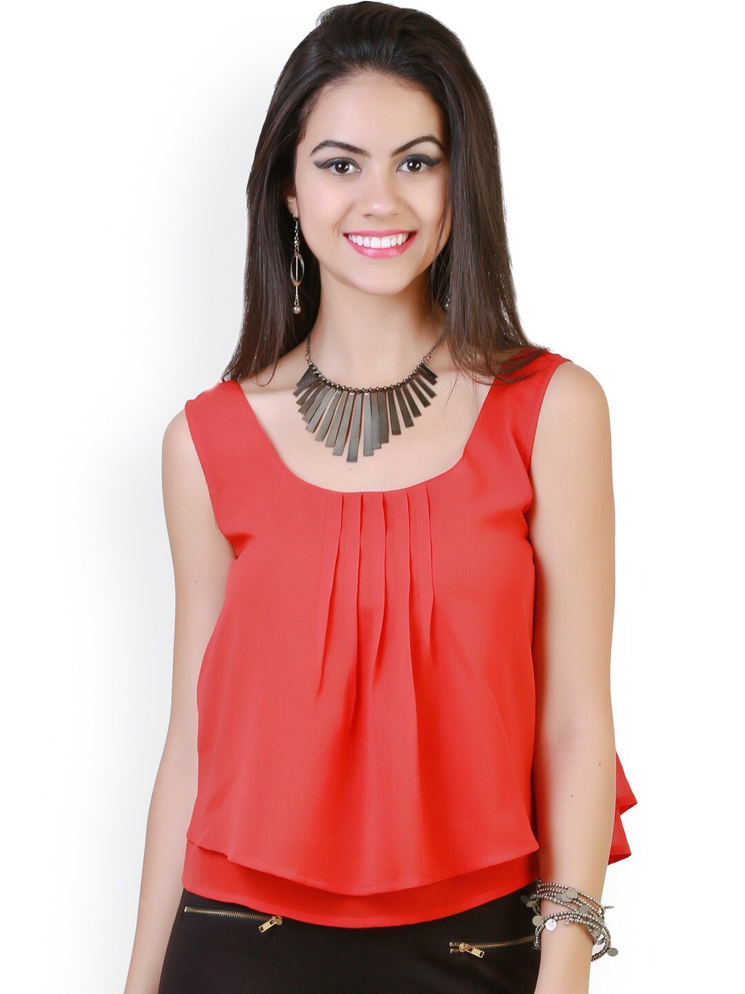 

BAESD Shoulder Straps Pleated & Layered Georgette Top, Red