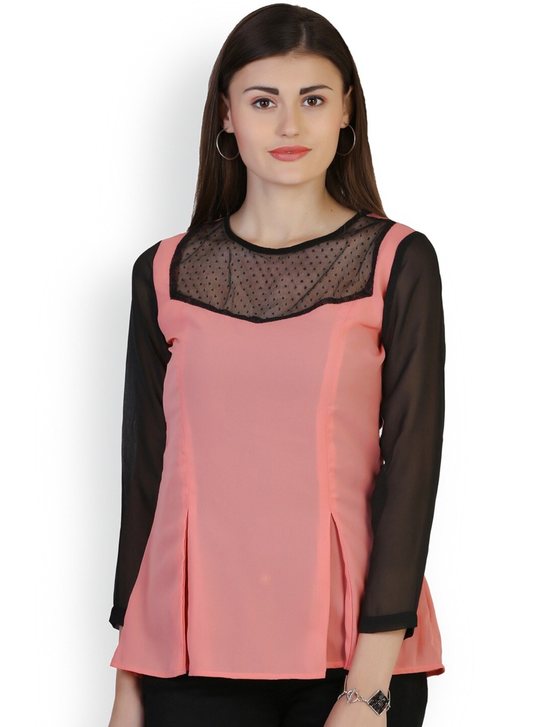 

BAESD Round Neck Cut Out Pleated Top, Peach