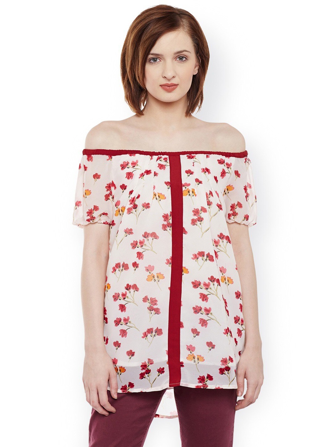 

BAESD Floral Printed Off-Shoulder Puff Sleeves Regular Top, White