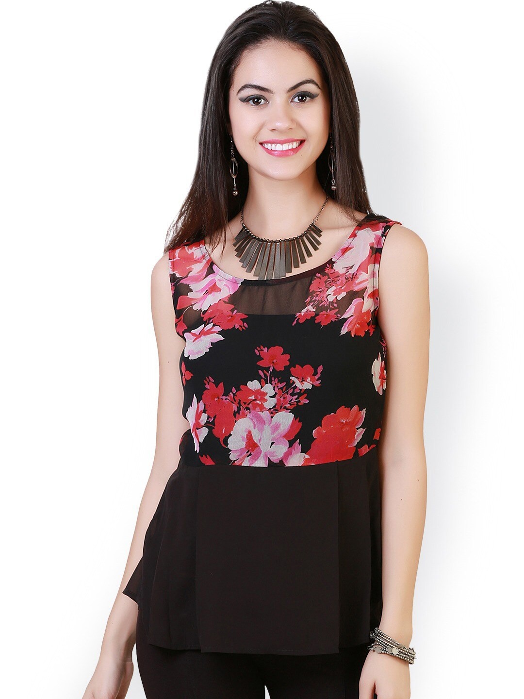 

BAESD Floral Printed Georgette A-Line Top, Black