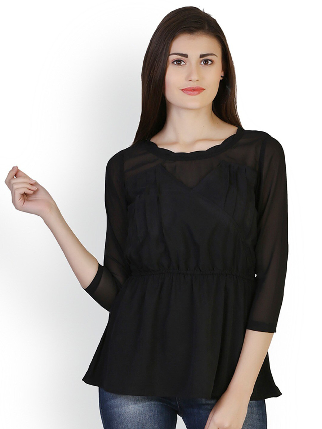 

BAESD Pleated Round Neck Regular Top, Black