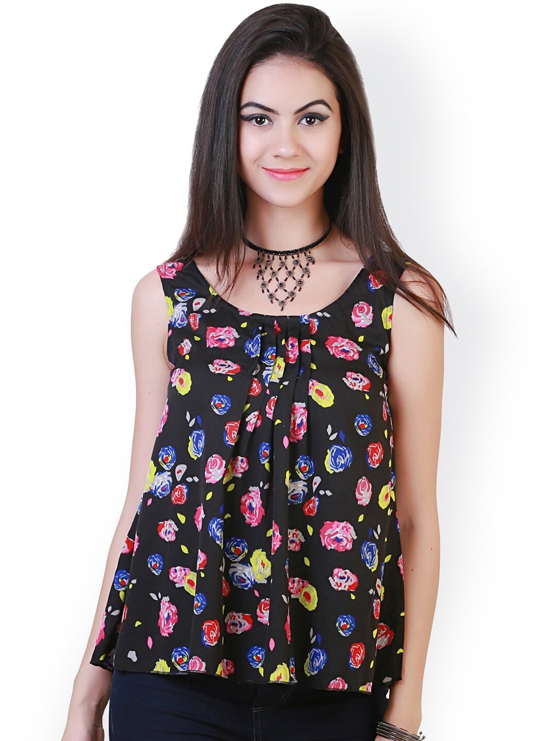 

BAESD Floral Printed Sleeveless A-line Top, Black