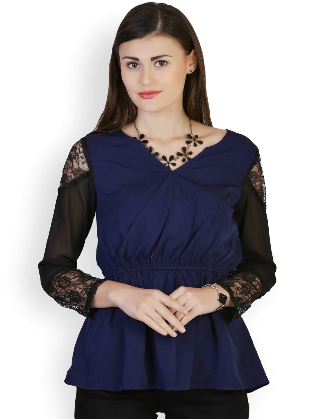 

BAESD Gathered Lace-Insert Wrap Style Top, Navy blue