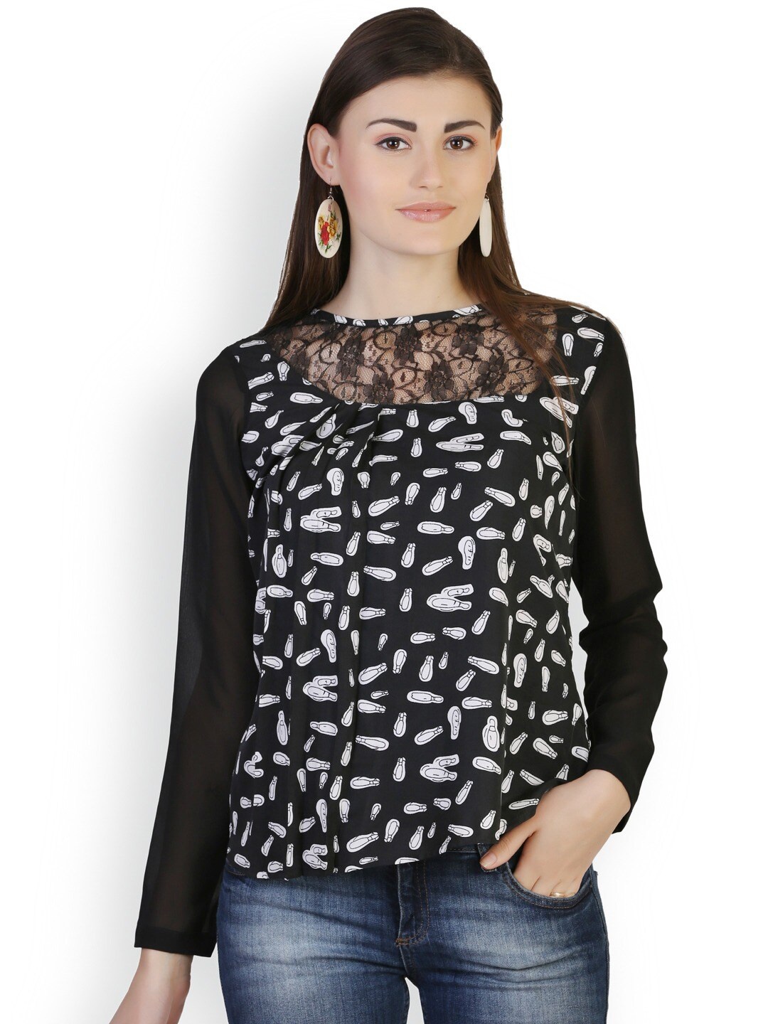 

BAESD Abstract Printed Lace-Insert Pleated Regular Top, Black