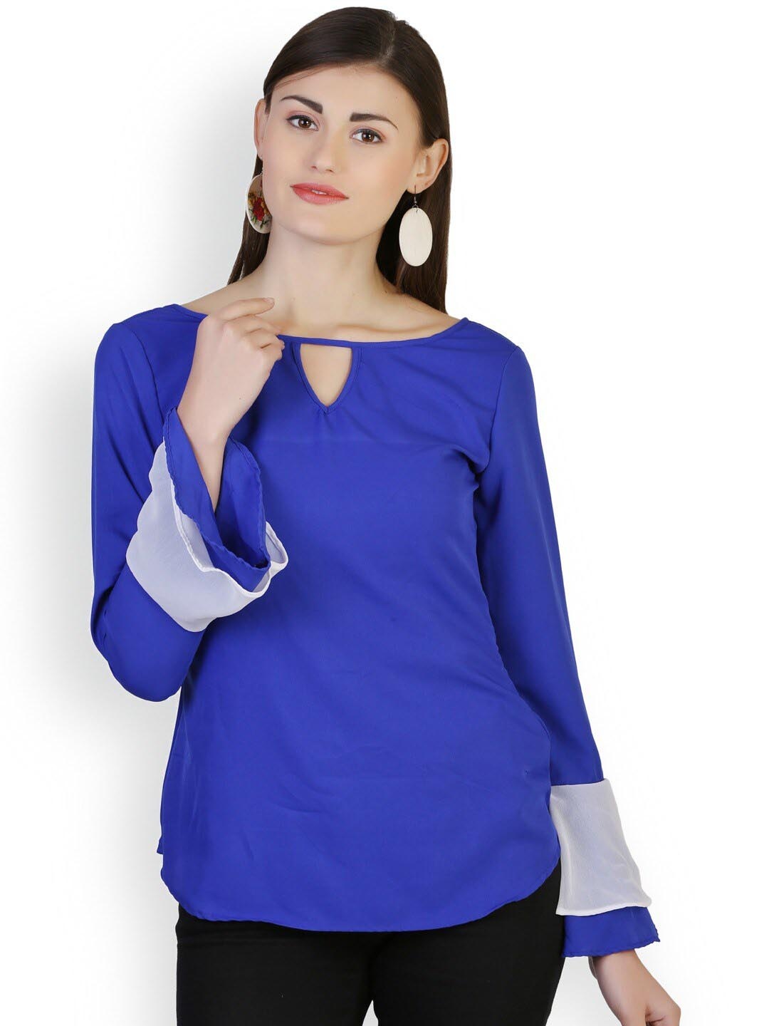 

BAESD Keyhole Neck Bell Sleeves Regular Top, Blue