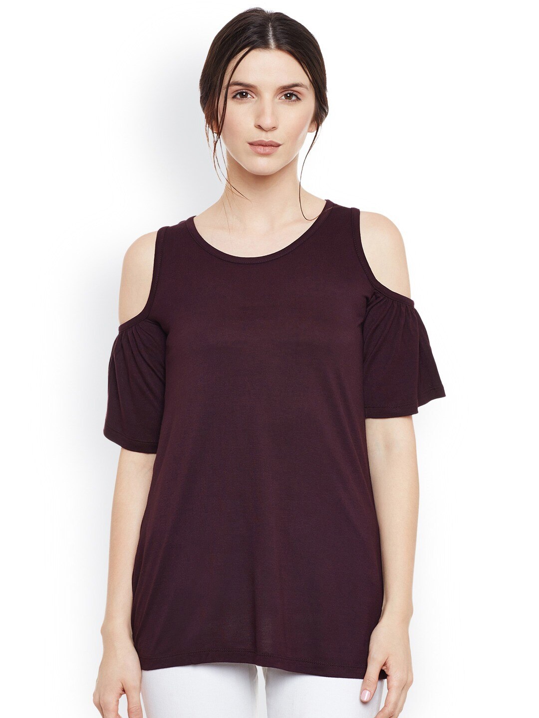 

BAESD Round Neck Cut-Outs Cotton Regular Top, Burgundy