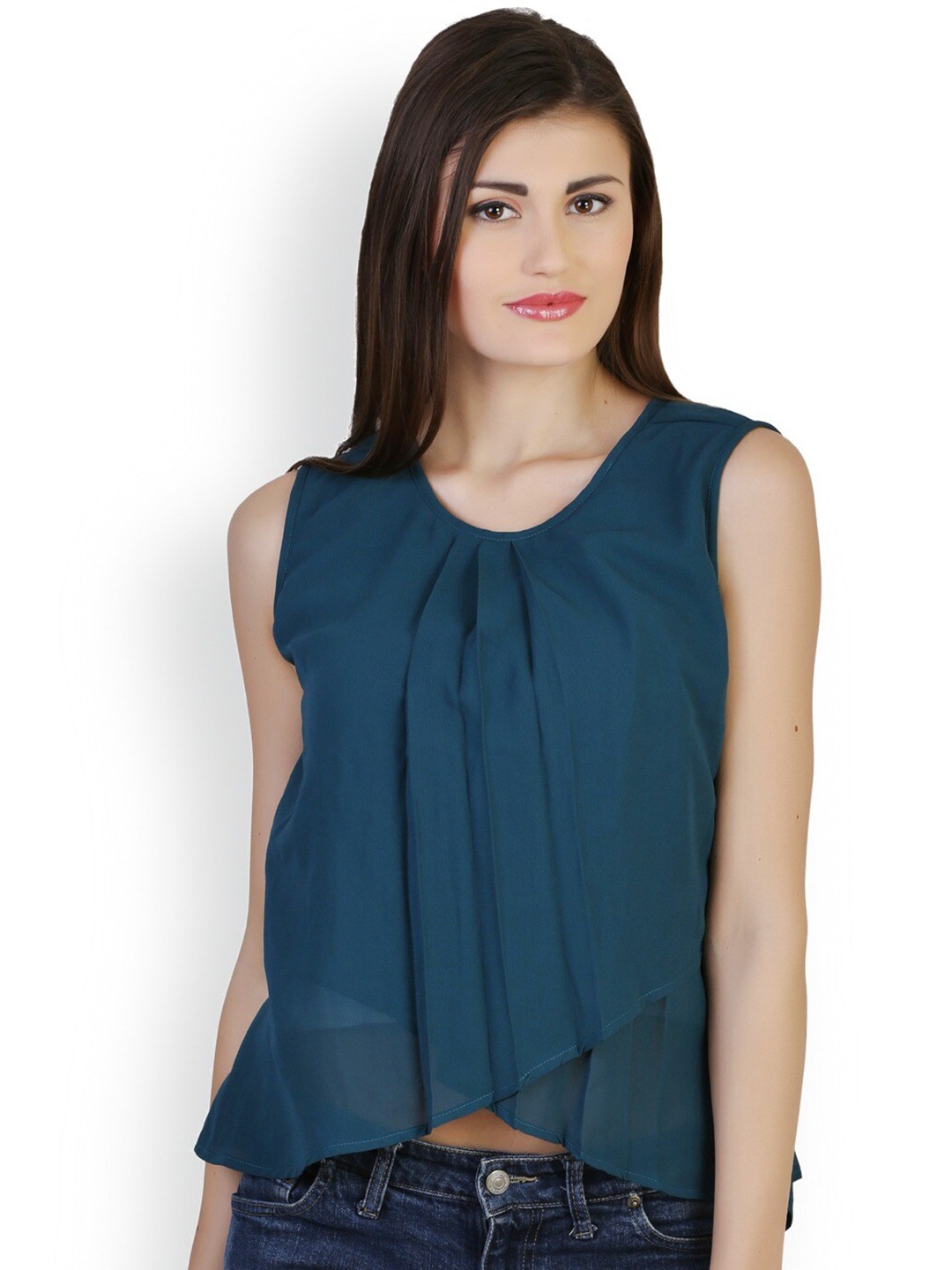 

BAESD Round Neck Sleeveless Georgette Pleated High-Low Top, Teal