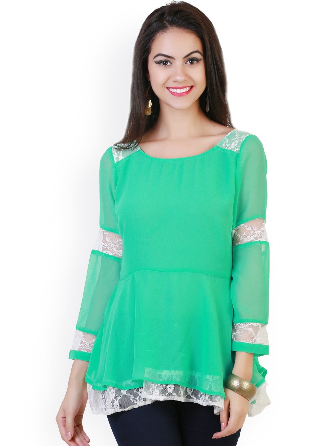 

BAESD Lace Detail Layered A-line Georgette Top, Green