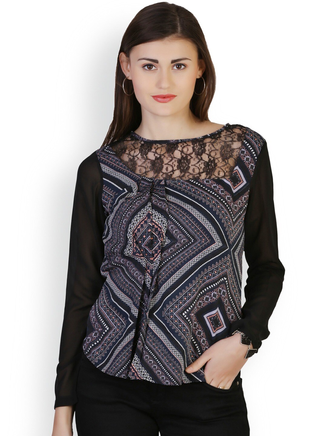 

BAESD Ethnic Motif Printed Lace-Insert Plated Regular Top, Navy blue