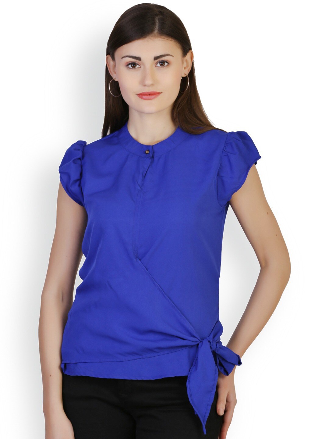 

BAESD Mandarin Collar Puff Sleeves Tie-Ups Detail Top, Blue