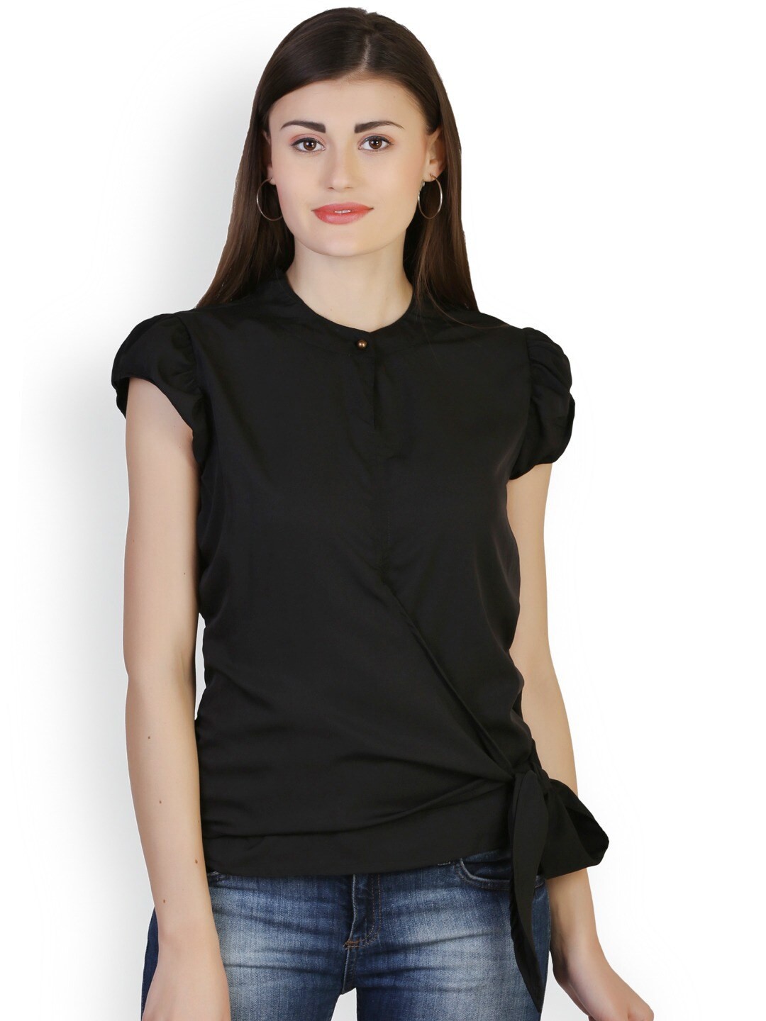 

BAESD Band Collar Gathered Regular Top, Black