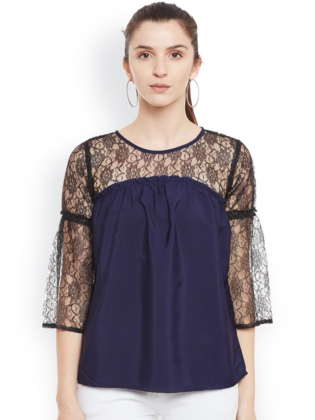 

BAESD Self Design Bell Sleeves Crepe Top, Navy blue