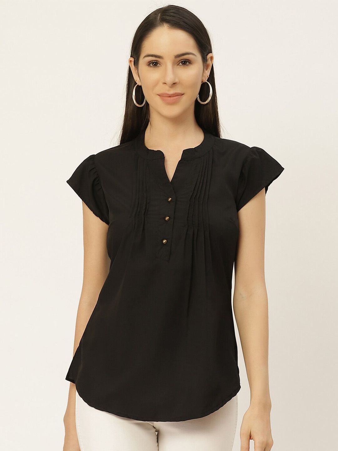 

BAESD Mandarin Collar Cap Sleeves Crepe Top, Black