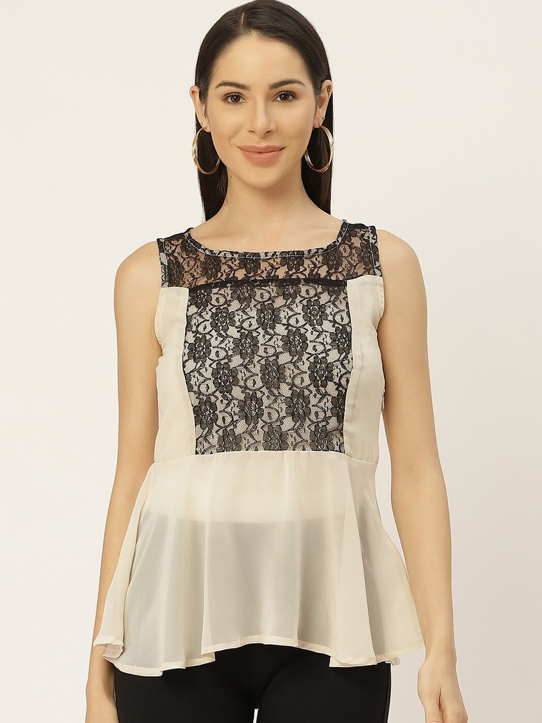 

BAESD Lace Inserts Georgette Peplum Top, Off white