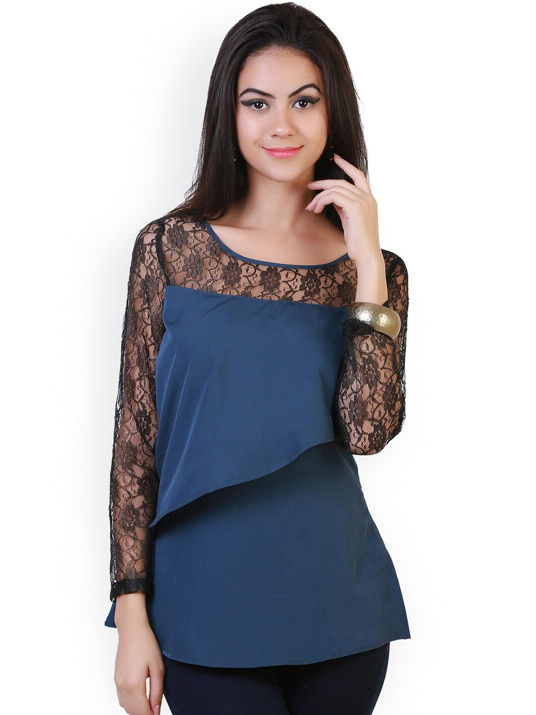 

BAESD Lace-Insert Round Neck Layered Regular Top, Teal