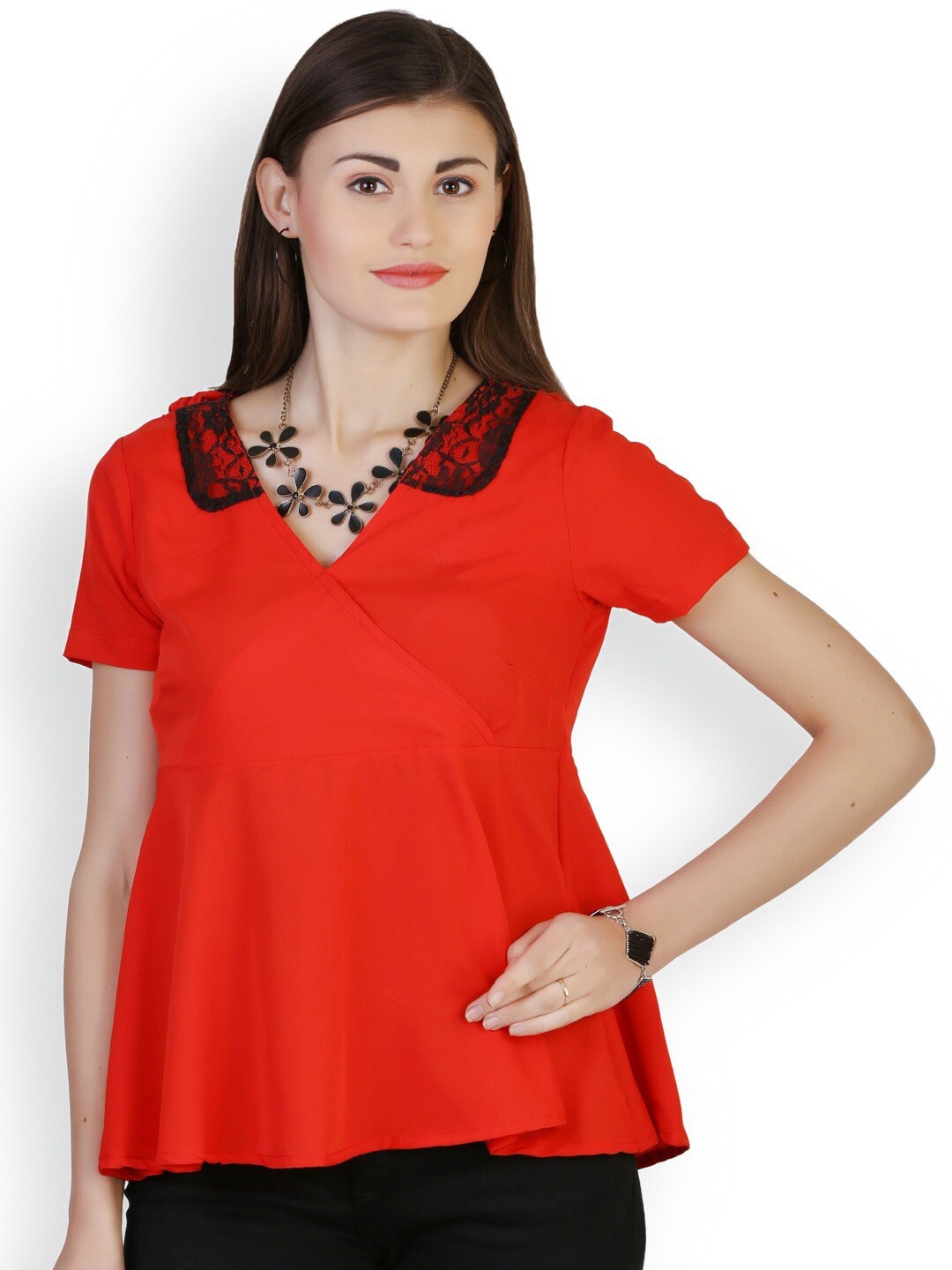 

BAESD Self Design Short Sleeves Crepe Peplum Top, Red