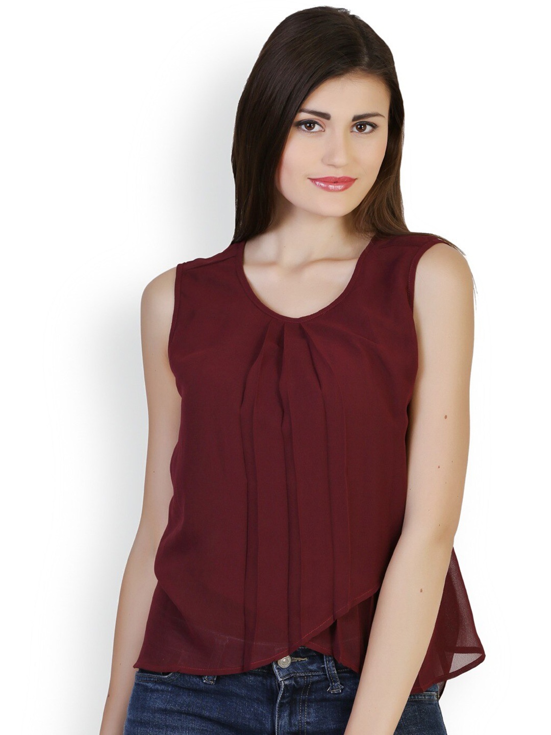 

BAESD Round Neck Pleated Sleeveless Layered Regular Top, Maroon